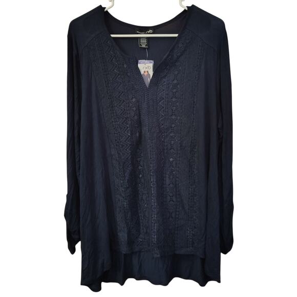 Navy Blue Shirt Size XXL Women's Lace Front Long Sleeves Boho Romantic Winter - Picture 5 of 5